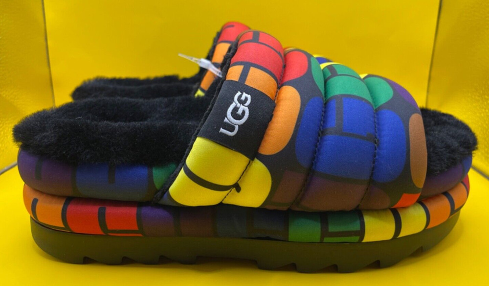 Ugg Real Lamb Fur Maxi Pride Slide Rainbow Logo Slip On Sandals Women's Size 7
